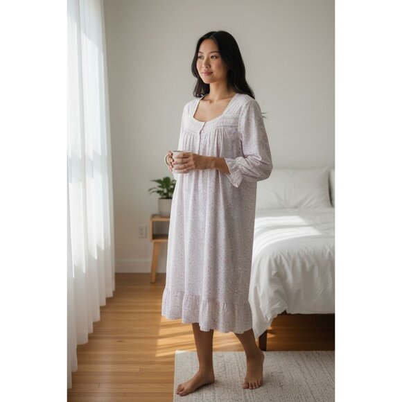 Eileen West Womens XL Pink Wildflower Nightgown Rayon Long Sleeve Country Modest - Picture 1 of 8